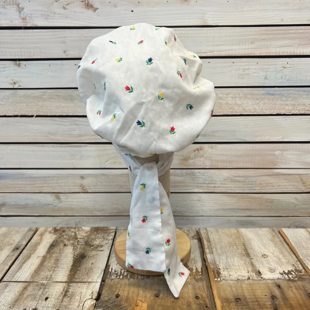 Vintage‎ White cotton Floral Embroidered Bonnet Prairie Pioneer Sun Hat OS